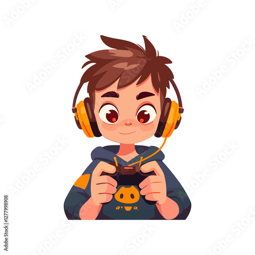 Young gamer playing game with joystick. Cool trendy boy, streamer mascot logo vector illustration. Cheerful happy boy young man hold joystick plays video game. 