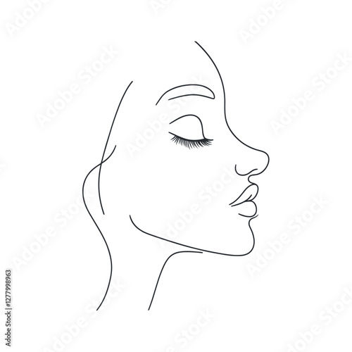 Vector Abstract woman face portrait in minimalistic one line style. Female wall print. Modern model girl sketch template black line square composition  for cosmetology, plastic surgery, rhinoplasty