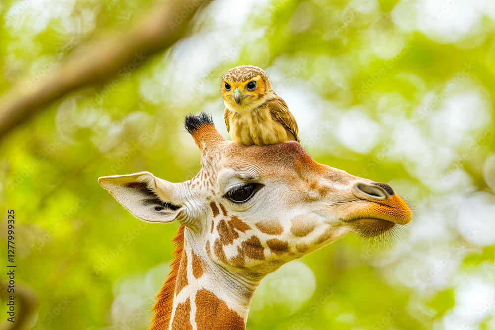Fototapeta premium Owl Sitting on Giraffe’s Head