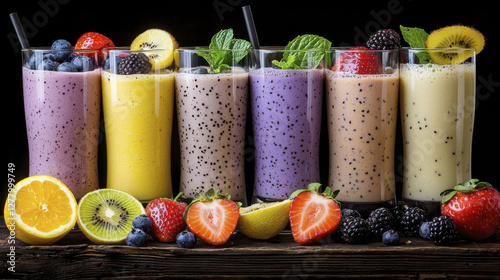 Wallpaper Mural Delicious smoothies in various colors, topped with fresh fruits and mint leaves, create vibrant display of flavors and health Torontodigital.ca