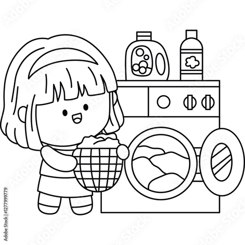 a vector of a girl doing laundry in black and white coloring