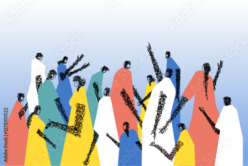 Abstract human figures symbolising a group composed of black scribbled wireframe-like lines