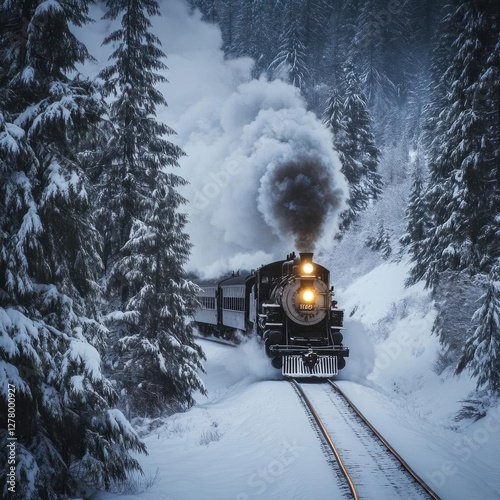 Vintage Steam Train Journey Through Snowy Mountain Pass: A Captivating Winter Scene