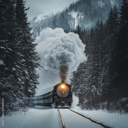 Vintage Steam Train Journey Through Snowy Mountain Pass: A Captivating Winter Scene