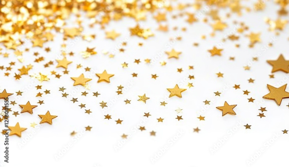 Golden star confetti on white, festive background, celebration, design