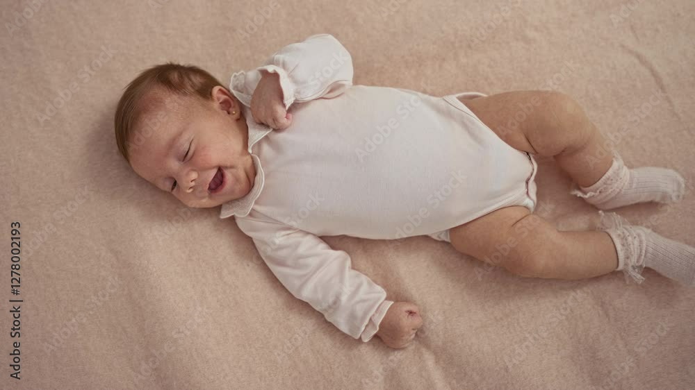 Smiling infant boy in white attire rests on soft bed indoors, exuding adorable charm in cozy bedroom setting. Smiling infant boy in white attire rests on soft bed indoors, exuding adorable charm in cozy bedroom setting.