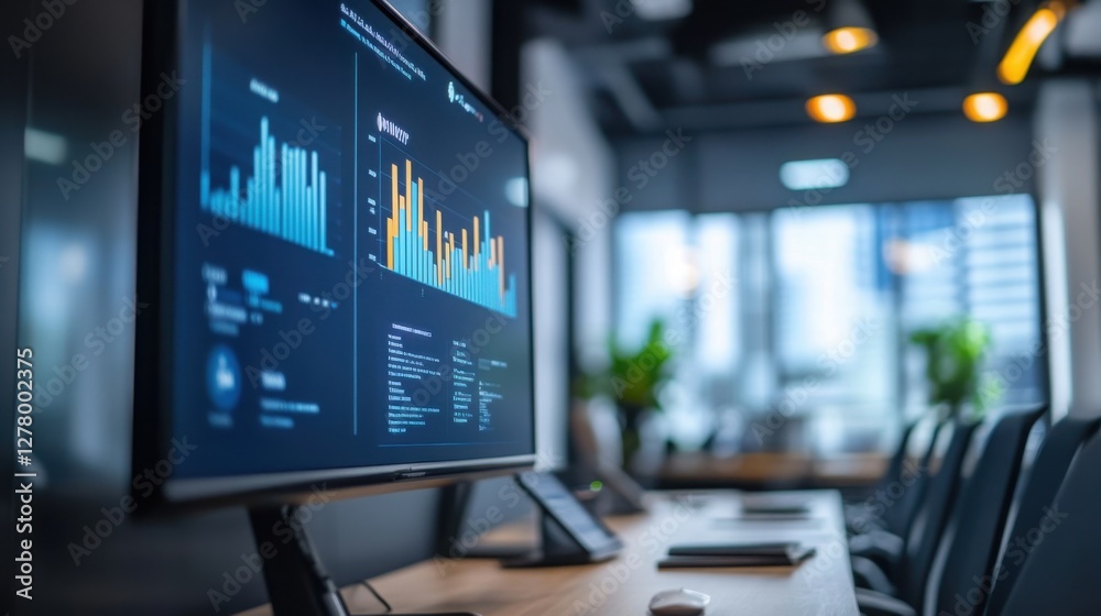 Modern Office Desk with Large Monitor Displaying Business Analytics and Charts Modern Office Desk with Large Monitor Displaying Business Analytics and Charts