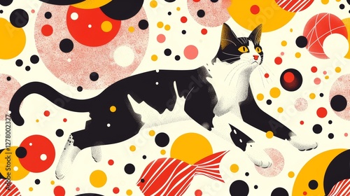 Cat leaps amidst colorful circles and fish, vibrant background