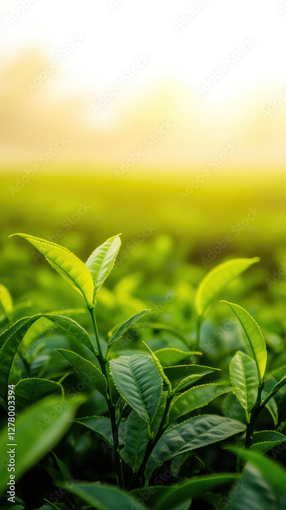 Obraz premium Fresh green tea leaves glisten in soft morning light, creating serene atmosphere
