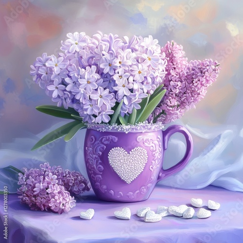 Wallpaper Mural Purple mug with heart design filled with lilac flowers on pastel background Torontodigital.ca