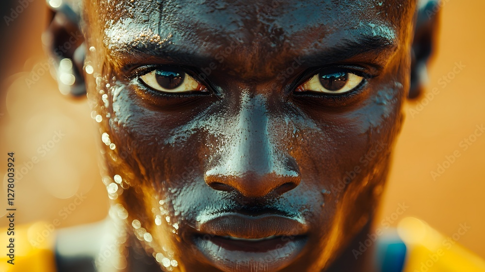 A Determined Gaze: A close-up portrait of a determined athlete, glistening with sweat, his eyes conveying unwavering focus and resolve. A Determined Gaze: A close-up portrait of a determined athlete, glistening with sweat, his eyes conveying unwavering focus and resolve.