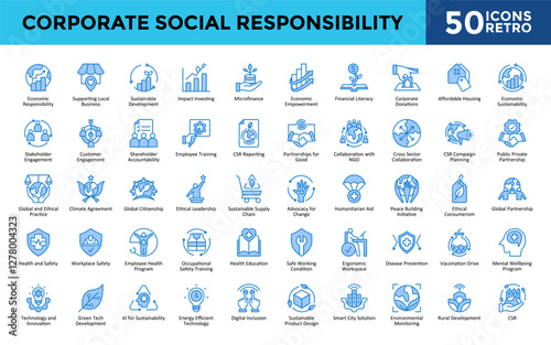 Corporate Social Responsibility icons set with economic responsibility, supporting local business, sustainable development, impact investing, microfinance icon. Simple retro vector 
