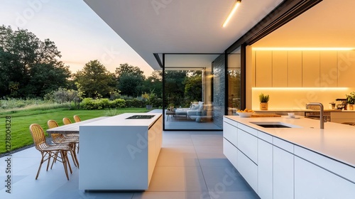 Ultra-modern minimalist outdoor kitchen with handleless cabinets and seamless surfaces photo