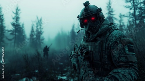 KSK Operator in Grey-Green Uniform with Night Vision Helmet in a Foggy Nordic Forest