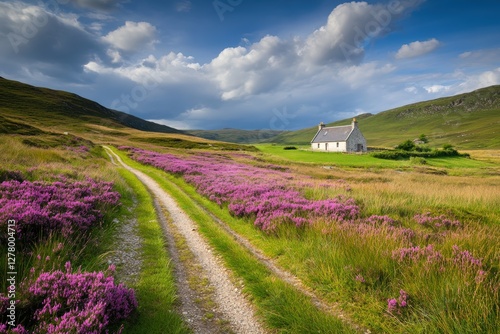 Traditional whisky distillery in scenic countryside with rolling hills and purple heather