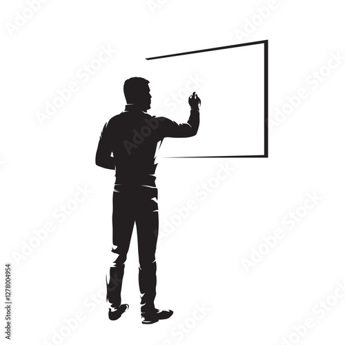 Man writes on blackboard. Education, presentations. Teacher or lecturer explains. Isolated vector illustration, high contrast silhouette