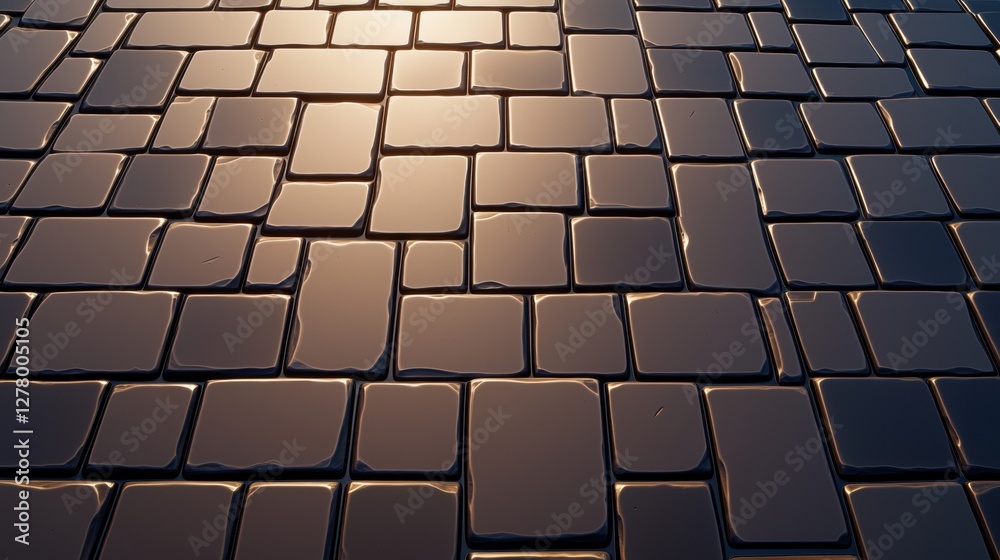 Obraz premium Intricately Detailed Cobblestone Road with a Glossy Surface Reflecting Light