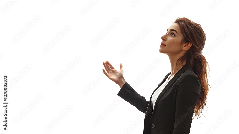 Young Woman with Hands Raised Towards the Sky in Professional Attire Young Woman with Hands Raised Towards the Sky in Professional Attire