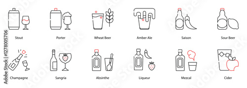 Vector Icons Set - Stout, Porter, Wheat Beer, Amber Ale, Saison, Sour Beer, Champagne, Sangria, Absinthe, Liqueur, Mezcal, Cider