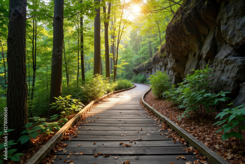 Winding Wooden Path in Forest