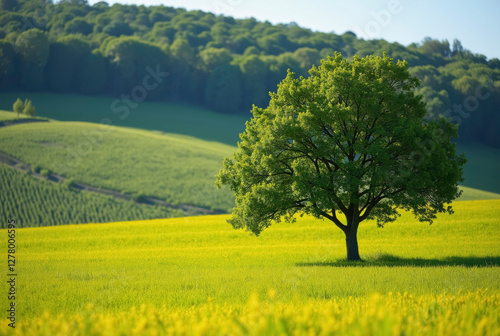 Solitary tree in a verdant field