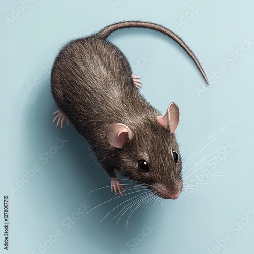 Curious brown mouse on light blue surface with whiskers visible