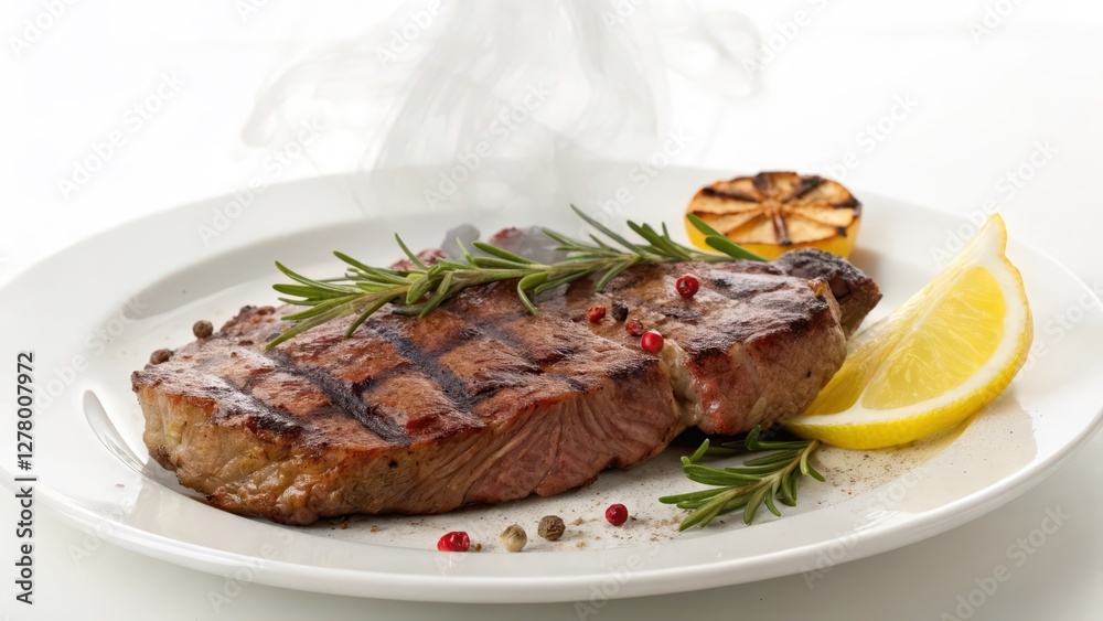 Grilled Steak with Lemon and Rosemary on White Plate Grilled Steak with Lemon and Rosemary on White Plate