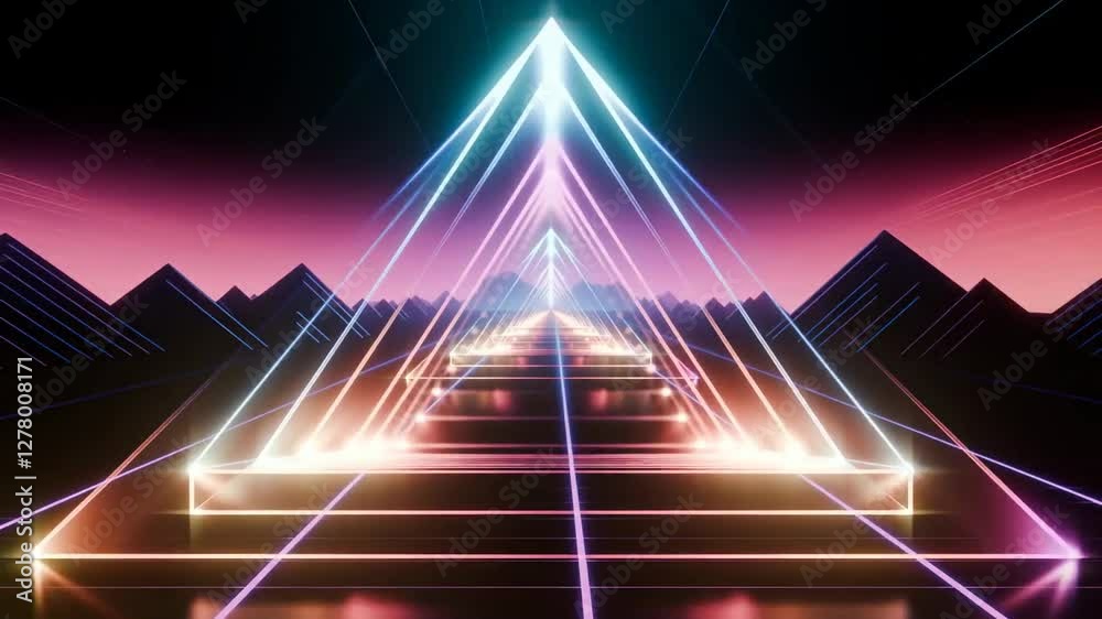 Neon Pyramid Laser Light Show Futuristic Stage Design Synthwave Retro 80s Vibes Glowing Triangle Bright Colors Digital Art Abstract Background