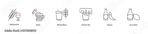 Vector Icons Set - Barleywine, Bock, Wheat Beer, Amber Ale, Saison, Sour Beer