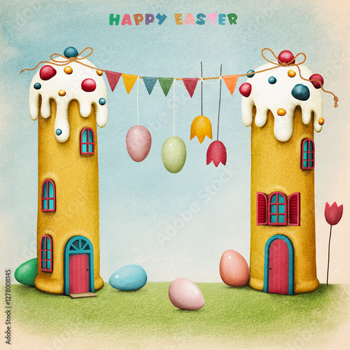 Holiday greeting card or poster for spring holiday Easter with bell with beautiful and cute Easter cake and houses and Easter Eggs.