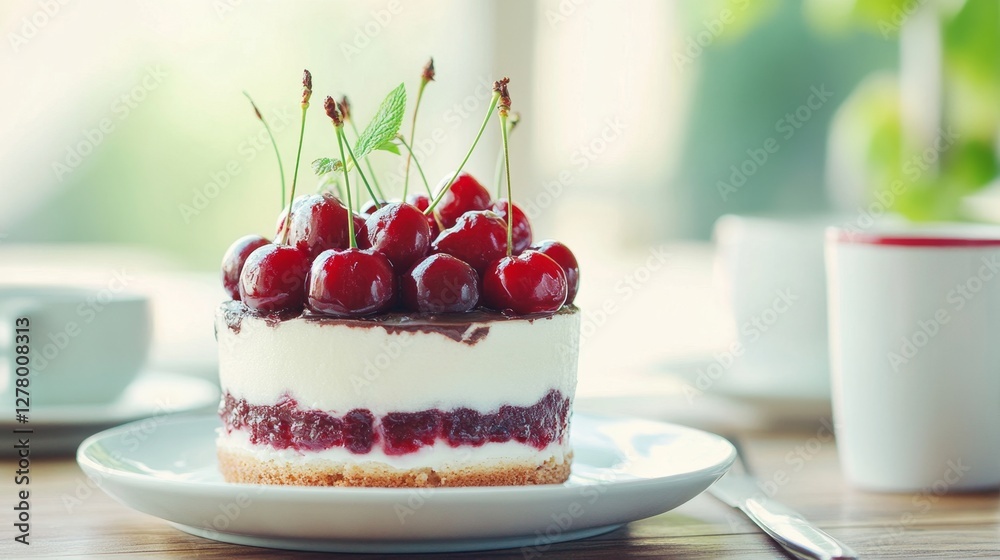 A vibrant cherry dessert topped with dark chocolate sits on a vintage plate, capturing a retro aesthetic