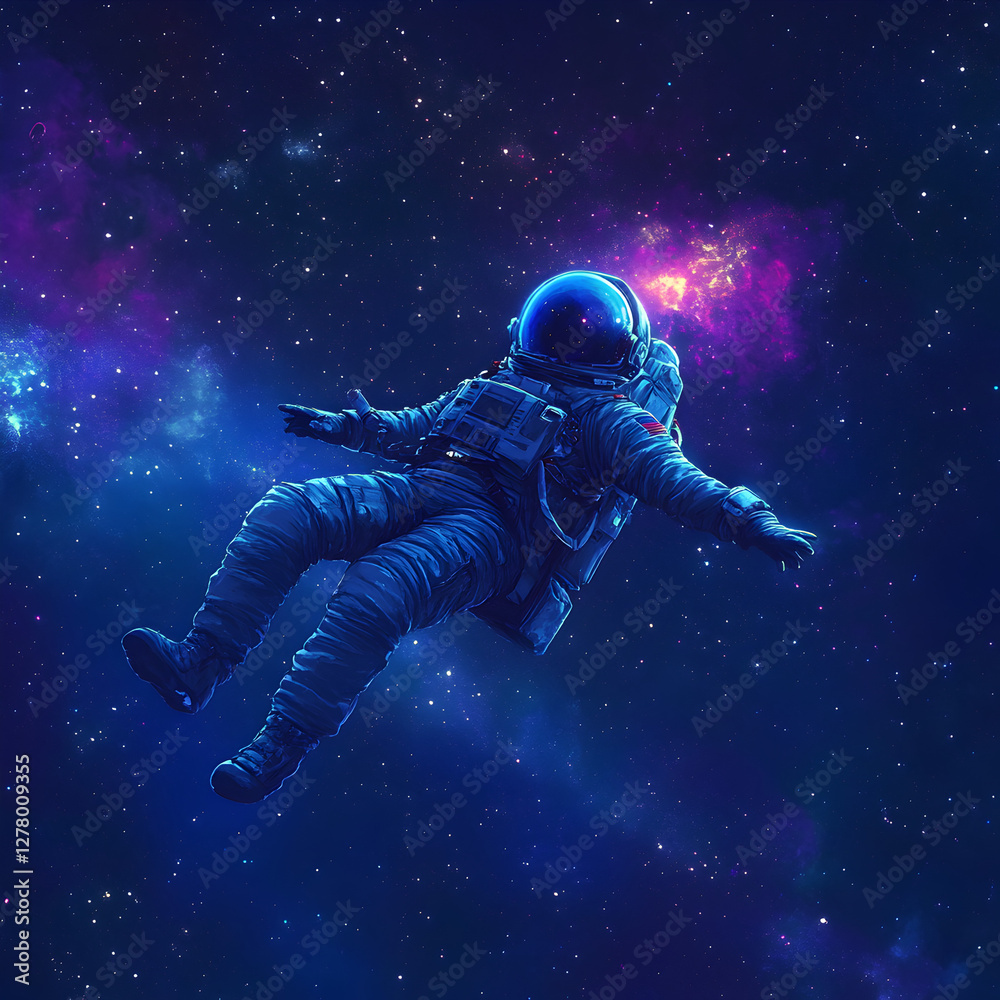 Fototapeta premium Astronaut adrift in a cosmic sea: A lone astronaut floats weightlessly against a backdrop of swirling nebulae and distant stars, a cosmic ballet of wonder, exploration, and the vastness of space.