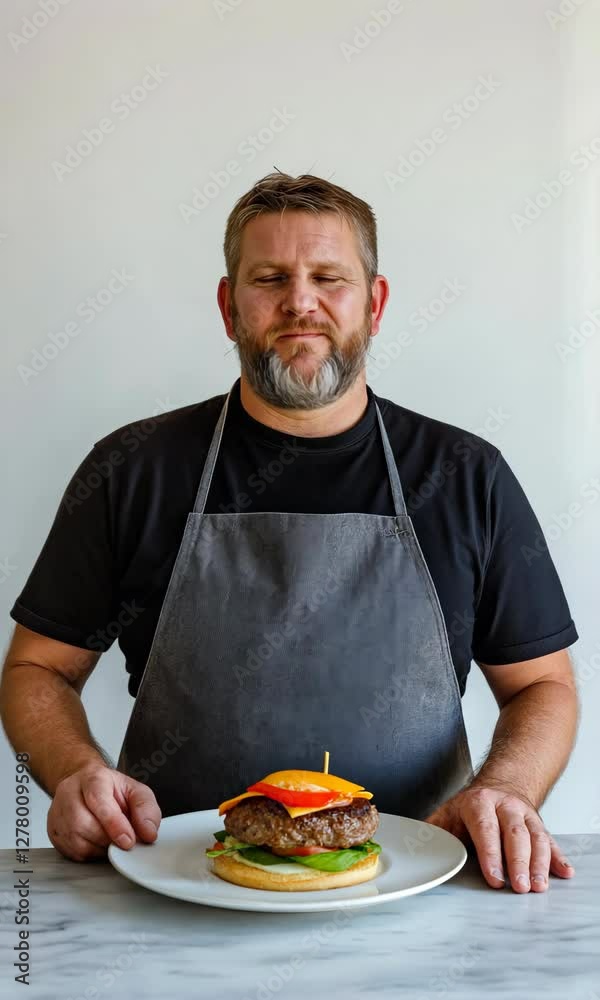 A man wearing a black apron is holding a plate with a hamburger on it A man wearing a black apron is holding a plate with a hamburger on it
