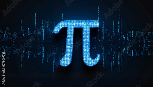 3D blue pi symbol with digital soundwave background and copy space