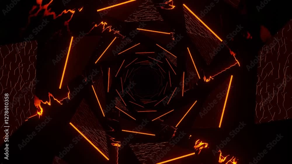 Intense fiery orange neon lights hexagonal tunnel dark abstract background glowing pattern design digital art futuristic vibrant energy technology