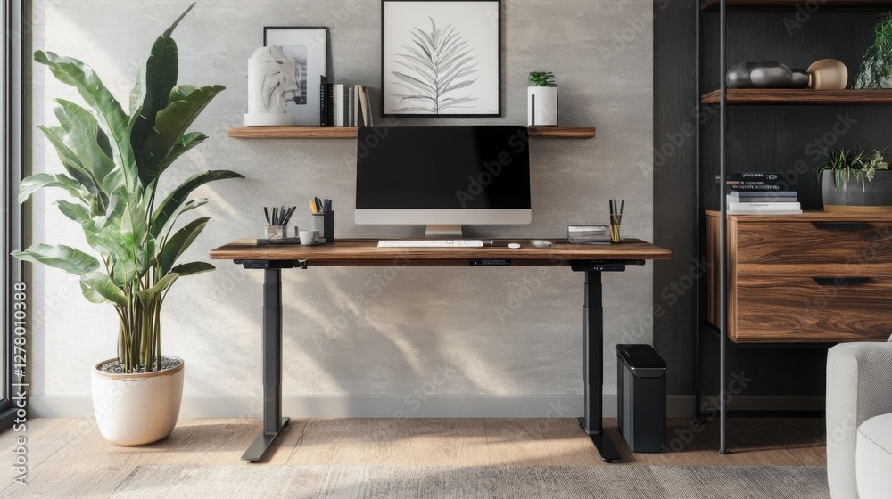 Modern Home Office Setup with Electric Standing Desk Walnut Wood and Minimalist Decor Modern Home Office Setup with Electric Standing Desk Walnut Wood and Minimalist Decor