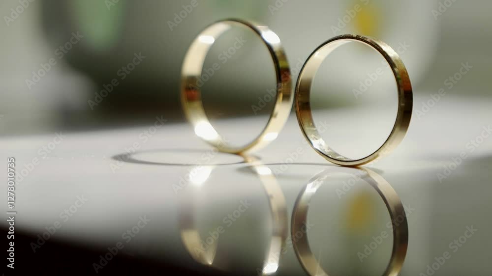 Close-up of golden wedding rings arranged on the surface of a glass table Close-up of golden wedding rings arranged on the surface of a glass table
