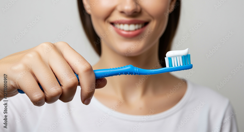 Toothbrush with toothpaste on bristles held by smiling woman for oral hygiene and tooth care. Woman holding toothbrush with toothpaste. Close up of toothbrush with toothpaste Toothbrush with toothpaste on bristles held by smiling woman for oral hygiene and tooth care. Woman holding toothbrush with toothpaste. Close up of toothbrush with toothpaste