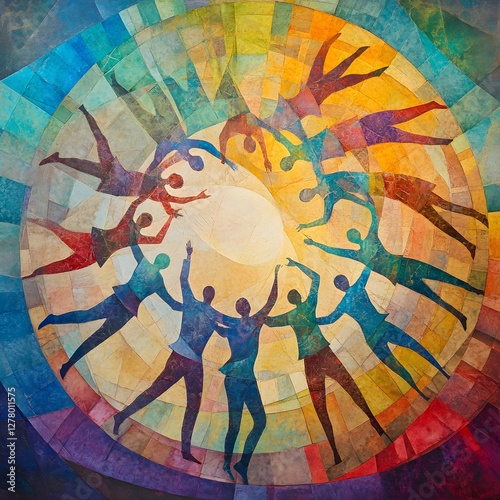 Circular Celebration of Unity: A vibrant illustration depicts a diverse group of people holding hands and dancing in a circular formation, radiating a sense of harmony and collective joy.