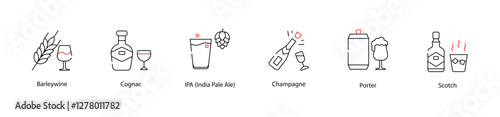 Vector Icons Set - Barleywine, Cognac, IPA (India Pale Ale), Champagne, Porter, Scotch