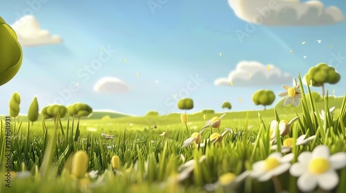 The cartoon grassland is a realm where fantasy comes alive. With its vivid green hues, fluffy clouds above, and cute little creatures that might inhabit it, it creates a world far removed from the mun
