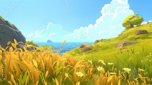 The cartoon grassland is a realm where fantasy comes alive. With its vivid green hues, fluffy clouds above, and cute little creatures that might inhabit it, it creates a world far removed from the mun