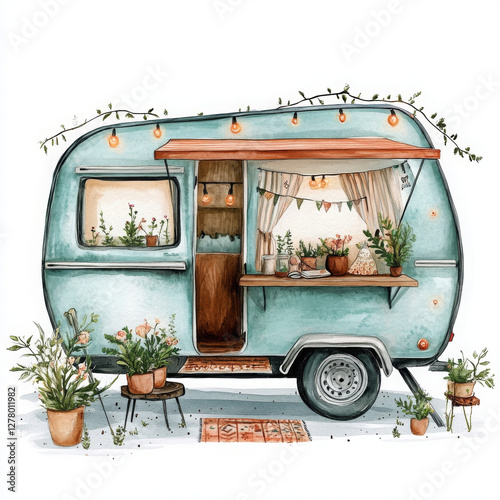 Illustration painted in boho style, whimsical trailer brings sense of adventure