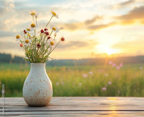 Wildflower Bouquet in Vase at Sunset: Peaceful Nature Scene, Summer Bloom, Rustic Charm, Delicate Petals, Vibrant Colors