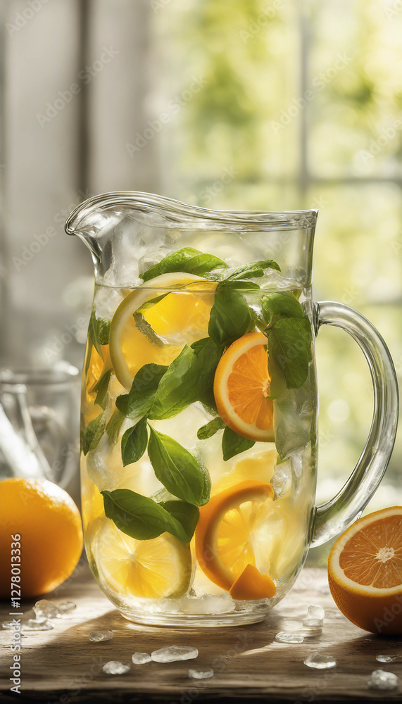 Fototapeta premium A vibrant display of citrus lemonade served with fresh mint leaves, ice, and orange slices, capturing the essence of summer refreshment and relaxation.
