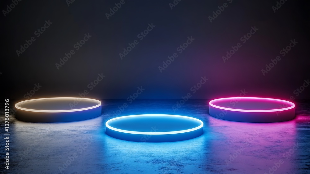 Neon Lit Circular Platforms Dark Background Neon Lit Circular Platforms Dark Background