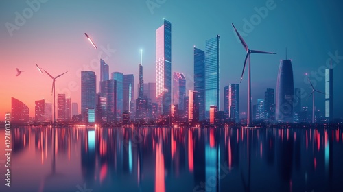 Modern cityscape with skyscrapers and wind turbines at dusk