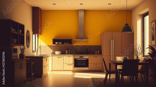 Contemporary kitchen interior with vibrant yellow wall and dining area