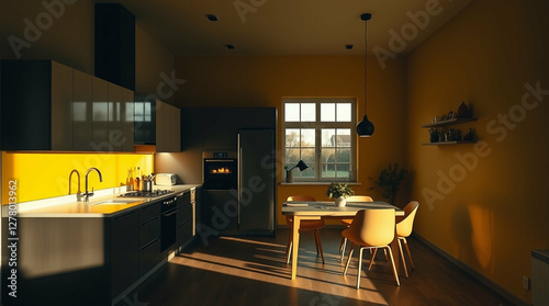 Sun-Drenched Kitchen Interior with Modern Design and Golden Accents
