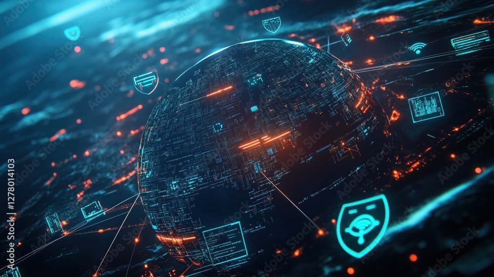 Obraz premium Digital globe with technological icons and data points illuminated by lights